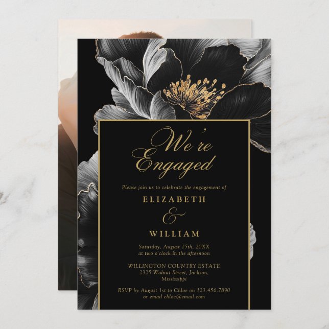 Invitación Foto Del Partido De Compromiso Floral De Moda Negr (Anverso / Reverso)