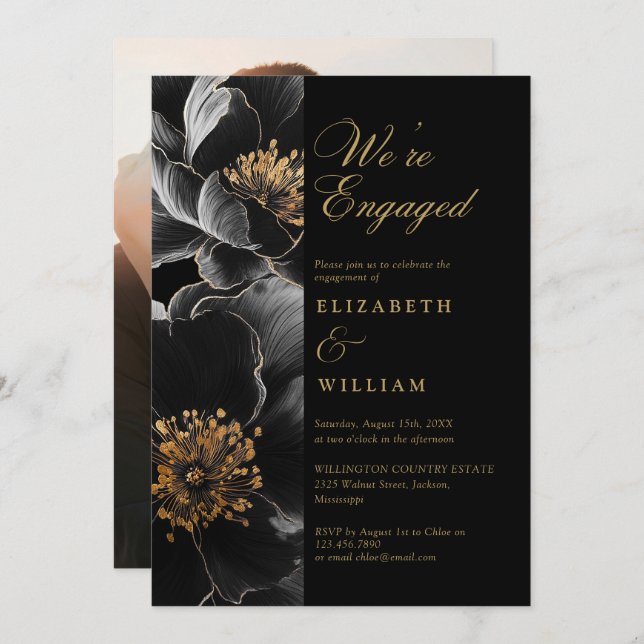 Invitación Foto Del Partido De Compromiso Floral De Moda Negr (Anverso / Reverso)