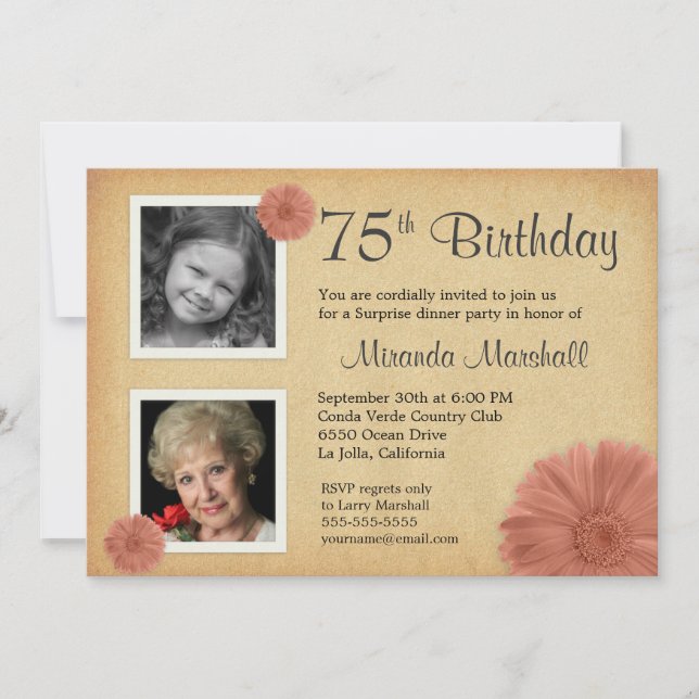 Invitación Foto del partido de cumpleaños número 75, Rustic D (Anverso)