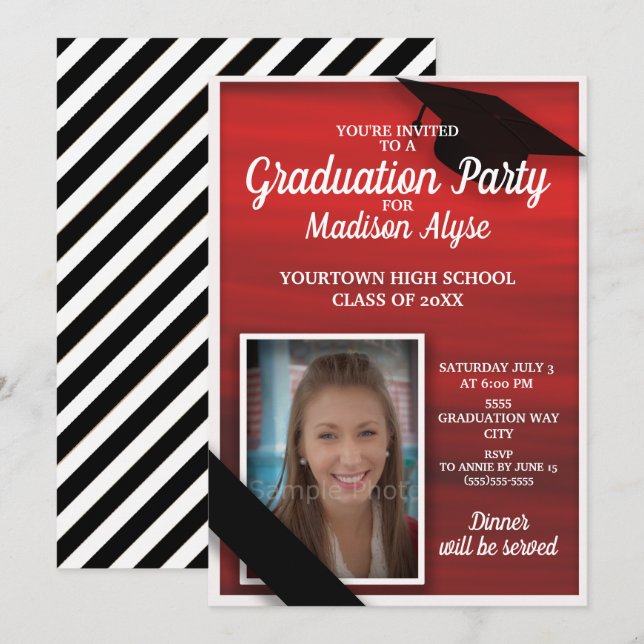 Invitación Foto del Partido de Graduación Blanco Rojo (Anverso / Reverso)