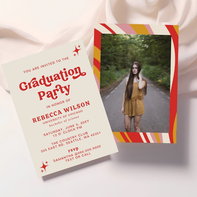 Invitación Foto del partido de graduación Retro Groovy Ivory  (Retro Photo Graduation Invitation)