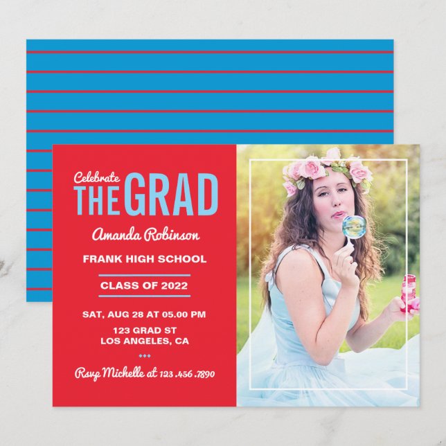 Invitación Foto del partido de graduación rojo azul y cerezo (Anverso / Reverso)