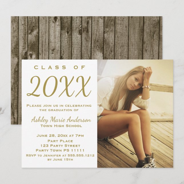 Invitación Foto del partido de graduación Rustic Wood Gold (Anverso / Reverso)