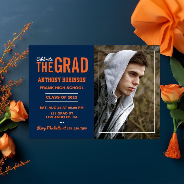 Invitación Foto del partido naranja y graduación azul (Orange and Blue Graduation invite)