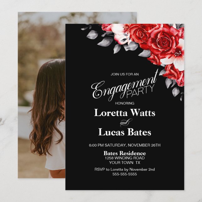 Invitación Foto del partido Red Rose Floral Black Engagement (Anverso / Reverso)
