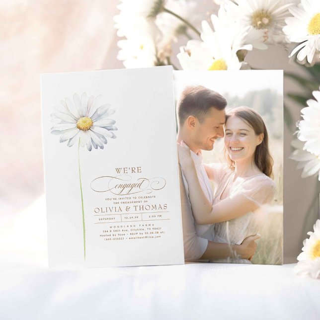 Invitación Foto del partido White Daisy Wildflowers Engagemen (We're Engaged - Wildflowers Themed Engagement Party Photo Invitations)