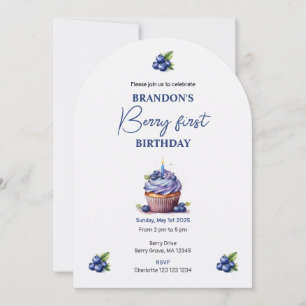 Invitación Foto del Personalizado Blue Berry First Birthday W
