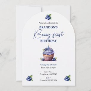 Invitación Foto del Personalizado Blue Berry First Birthday W