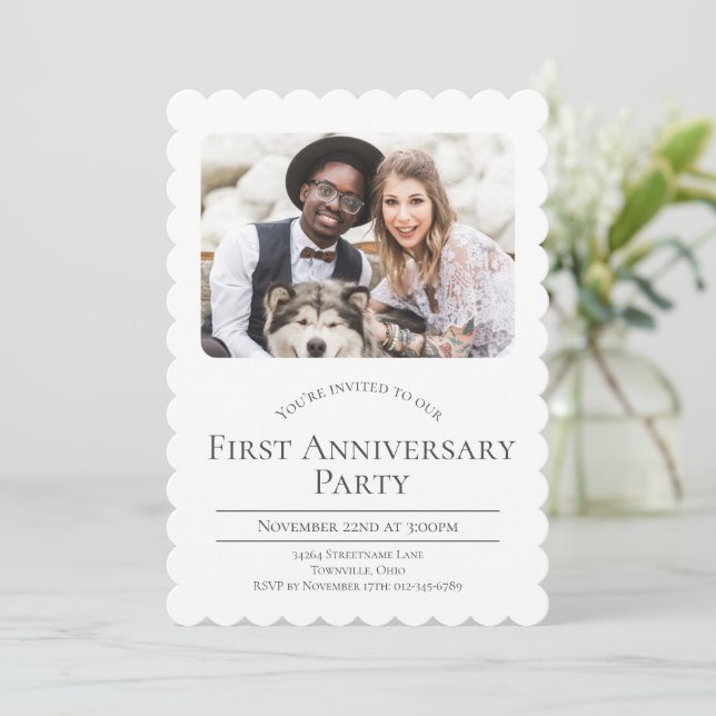 Invitación Foto del primer aniversario Boda (Anverso de pie)