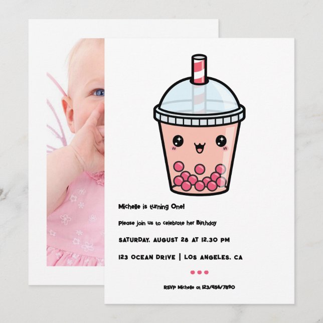 Invitación Foto del primer cumpleaños con té de boba Kawaii (Anverso / Reverso)