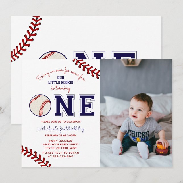 Invitación Foto del primer cumpleaños de béisbol (Anverso / Reverso)