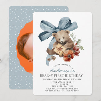 Invitación Foto del primer cumpleaños de Boy con Bow azul de