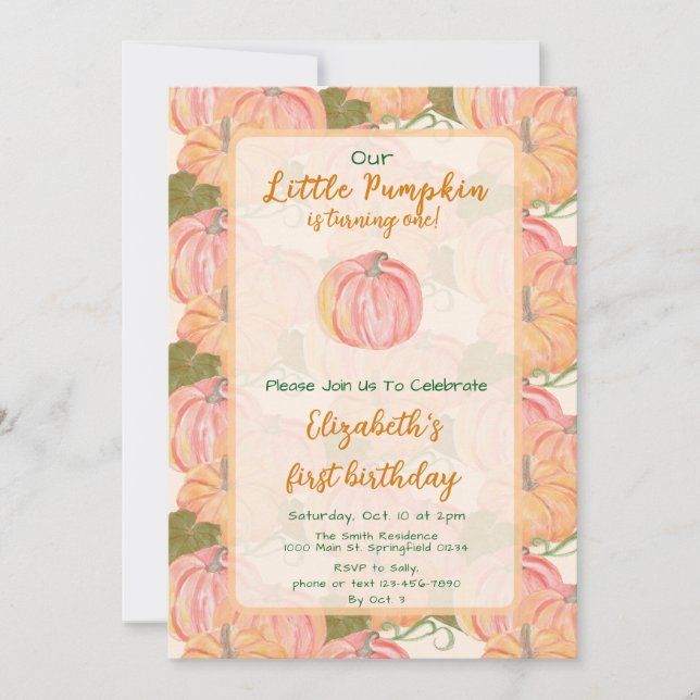 Invitación Foto del primer cumpleaños de la Calabaza de Otoño (Anverso)