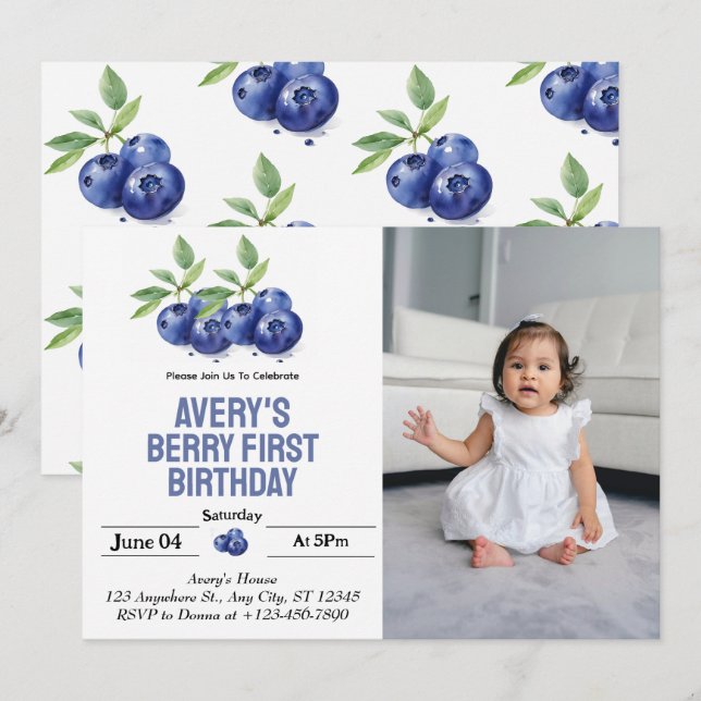 Invitación Foto del primer cumpleaños de la primera niña Blue (Anverso / Reverso)
