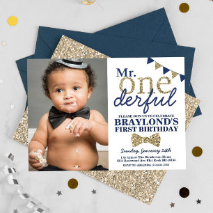 Invitación Foto del primer cumpleaños de Mr Onederful azul y 