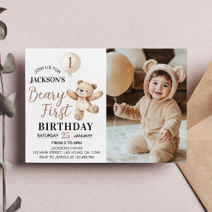 Invitación Foto del primer cumpleaños del globo de Oso de Ted