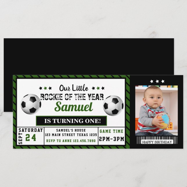 Invitación Foto del primer cumpleaños del novato en el fútbol (Anverso / Reverso)