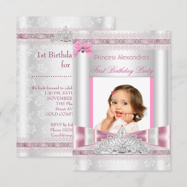 Invitación Foto del primer cumpleaños del pequeño Chica Princ (Anverso / Reverso)