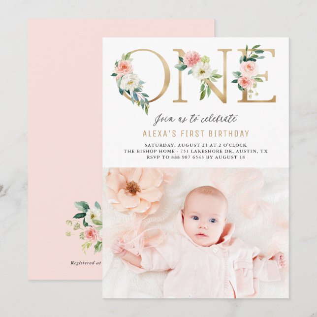 Invitación Foto del primer cumpleaños del Relieve metalizado  (Anverso / Reverso)