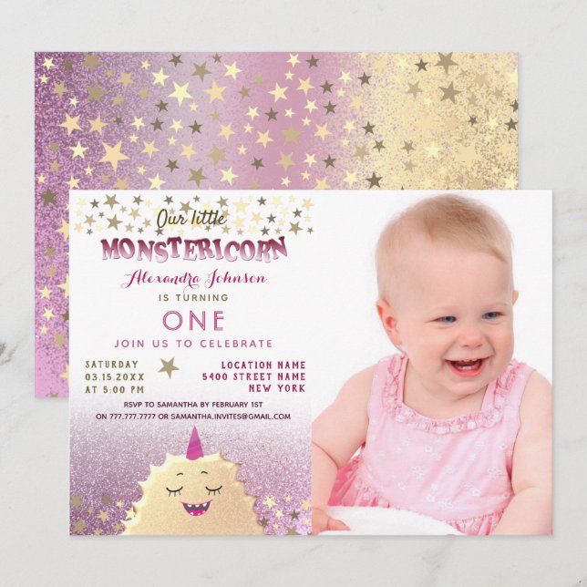 Invitación Foto del primer cumpleaños niña pequeño monstruo (Anverso / Reverso)