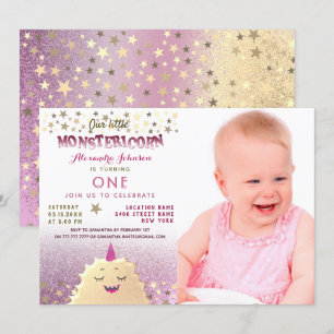 Invitación Foto del primer cumpleaños niña pequeño monstruo
