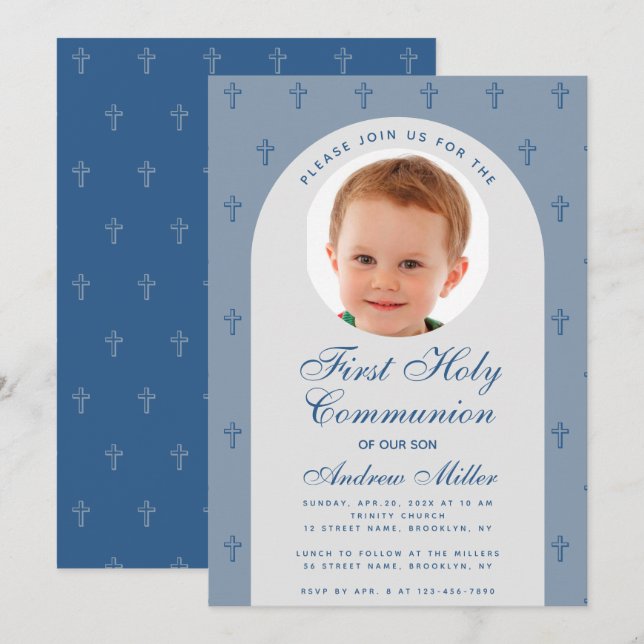 Invitación Foto del primer niño de la comunidad Dusty Blue Ar (Anverso / Reverso)