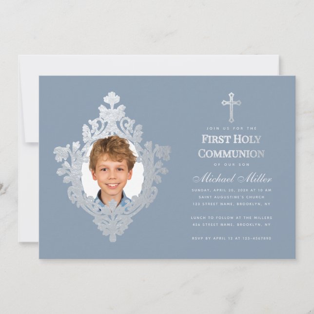 Invitación Foto del primer niño de la comunión Dusty Blue Fau (Anverso)
