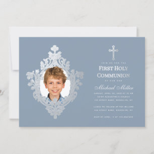 Invitación Foto del primer niño de la comunión Dusty Blue Fau