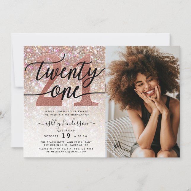 Invitación Foto del Purpurina Champagne de cumpleaños número  (Anverso)