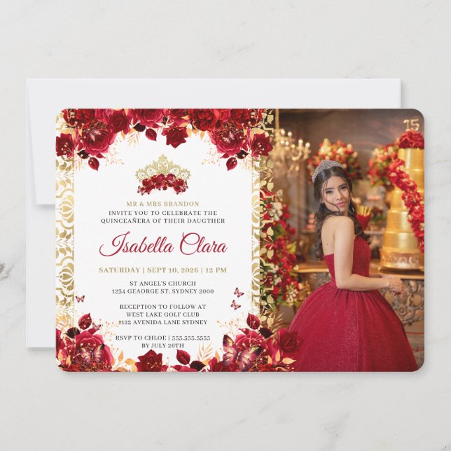 Invitación Foto del Real Arco de Oro Rojo Floral Quinceanera (Anverso)