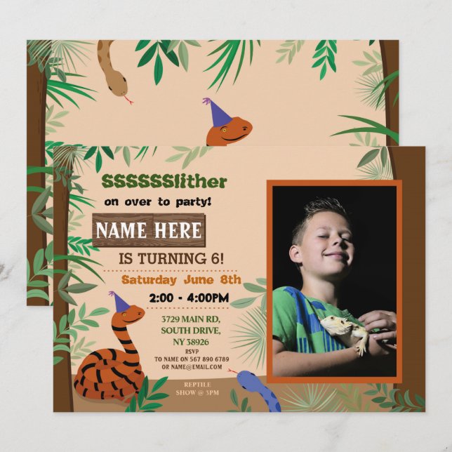 Invitación Foto del reptil fiesta de cumpleaños de la serpien (Anverso / Reverso)