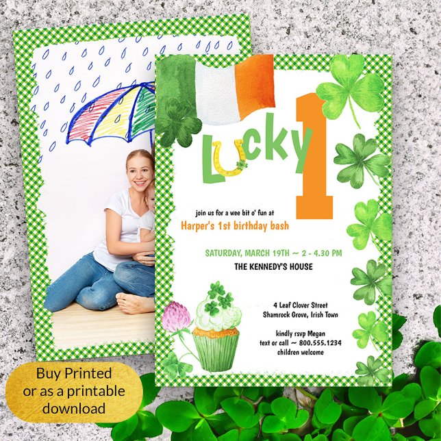 Invitación Foto del retrato de Lucky One St Patricks (Lucky 1 First Birthday Photo Invitation)
