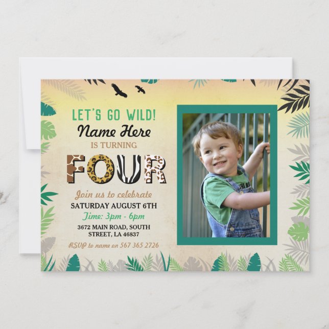 Invitación Foto del Safari ZOO, Fiesta de Cumpleaños de Cuatr (Anverso)