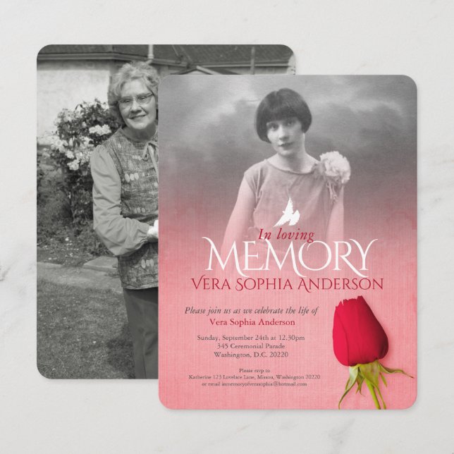 Invitación Foto del servicio conmemorativo de la rosa roja (Anverso / Reverso)