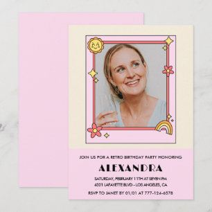 Invitación Foto del sol arcoíris retro cumpleaños 52 rosa