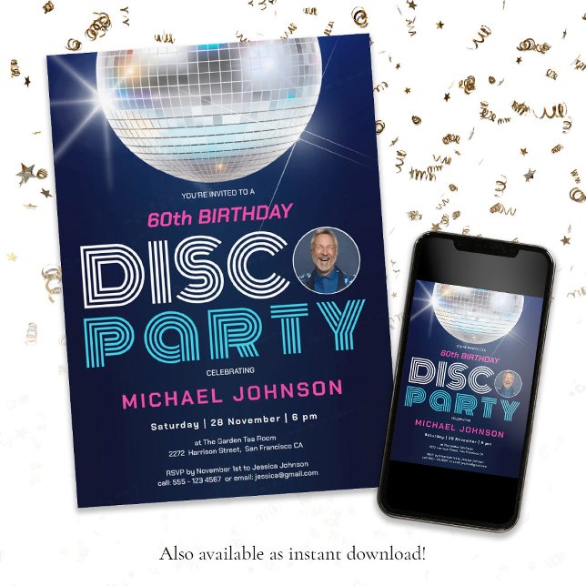 Invitación Foto Disco Fiesta Diversión Retro Moderno 60 cumpl (60th Birthday Disco Party Fun Modern Retro Photo Invitation)