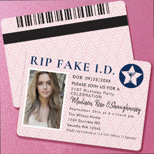 Invitación Foto divertida de cumpleaños 21 con RIP Fake ID