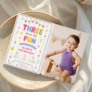 Invitación Foto divertida del tercer cumpleaños en colores