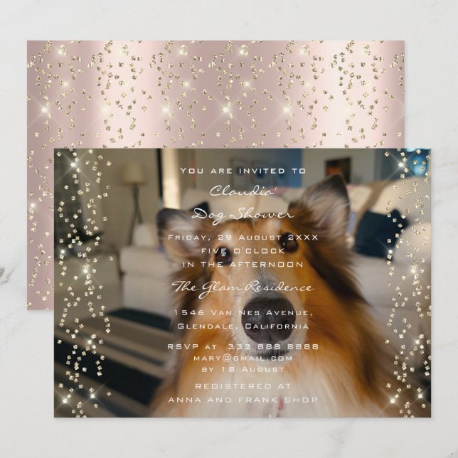 Invitación Foto DOG Shower Cumpleaños Rosa de oro Confetti (Anverso / Reverso)