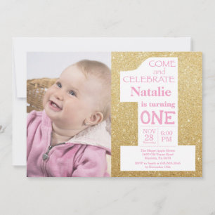 Invitación Foto dorada brillante y rosa para el 1er cumpleaño
