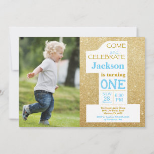Invitación Foto dorada con brillo y azul para el 1er cumpleañ