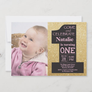 Invitación Foto dorada con brillo y rosa por 1er cumpleaños