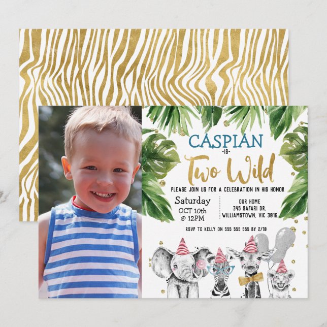 Invitación Foto dos salvajes Safari Fiesta del segundo cumple (Anverso / Reverso)