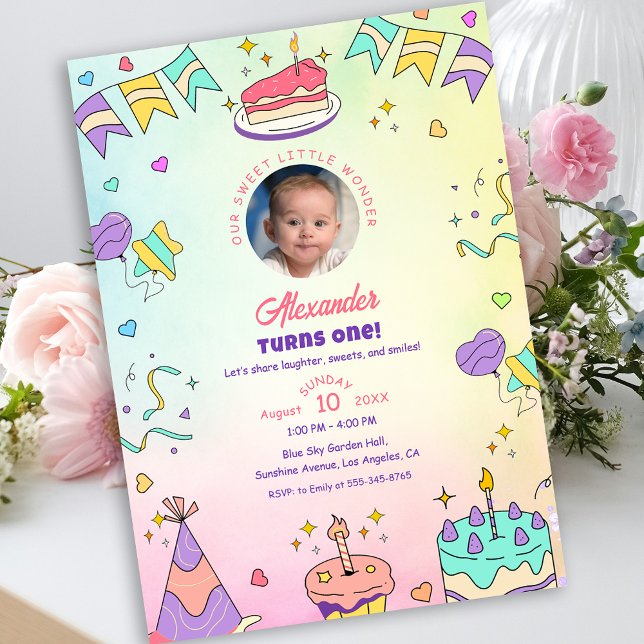 Invitación Foto dulce pastel de cumpleaños del bebé niño 1er  (Sweet Pastel Cute Baby Boy 1st Birthday Photo Invitation)