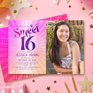 Invitación Foto Dulces 16 Gradiente Retro Rosa Naranja Groovy