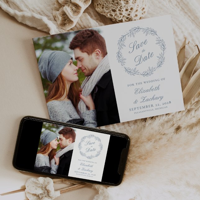 Invitación Foto Dusty Blue Wreath Botanical Save the Date (Subido por el creador)