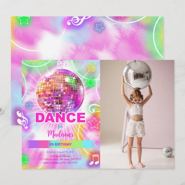 Invitación Foto editable de cumpleaños de baile local (Anverso / Reverso)