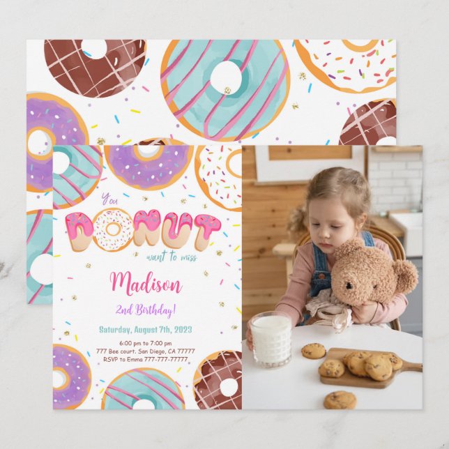 Invitación Foto editable de la fiesta de cumpleaños de Donut (Anverso / Reverso)