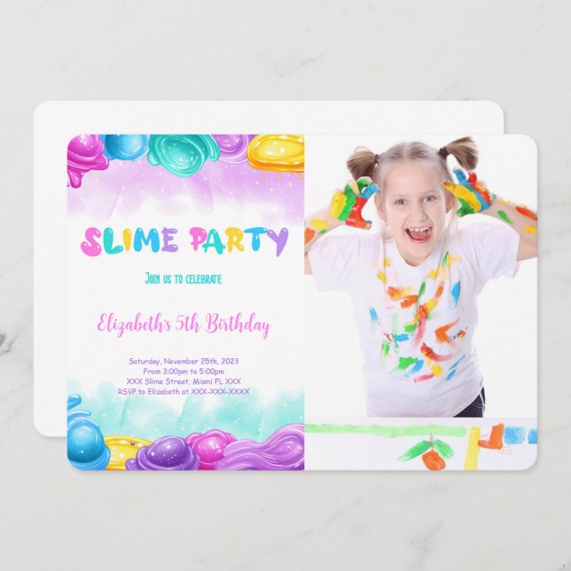 Invitación Foto editable de la fiesta de cumpleaños de Slime (Anverso / Reverso)