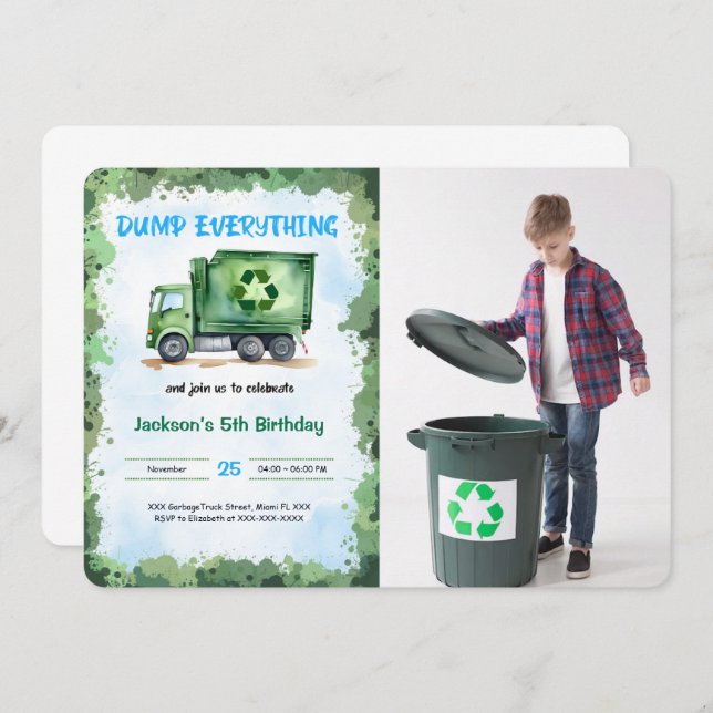 Invitación Foto editable de la fiesta de cumpleaños del camió (Anverso / Reverso)